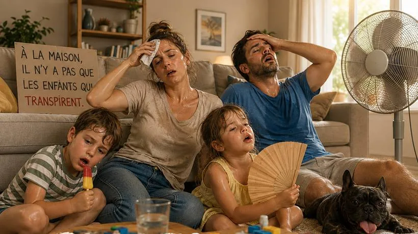 Famille en pleine canicule dans son salon, avant l'installation d'une clim réversible
